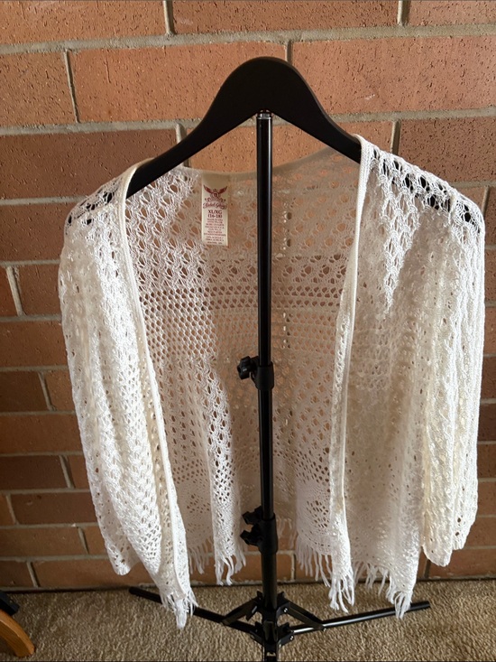 Faded Glory Sweaters - Faded Glory White Open-Knit Fringe Crochet Cardigan